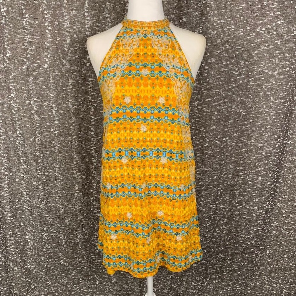 THML Anthropologie Yellow Halter Mini Dress Boho Resort Embroidered Women's S